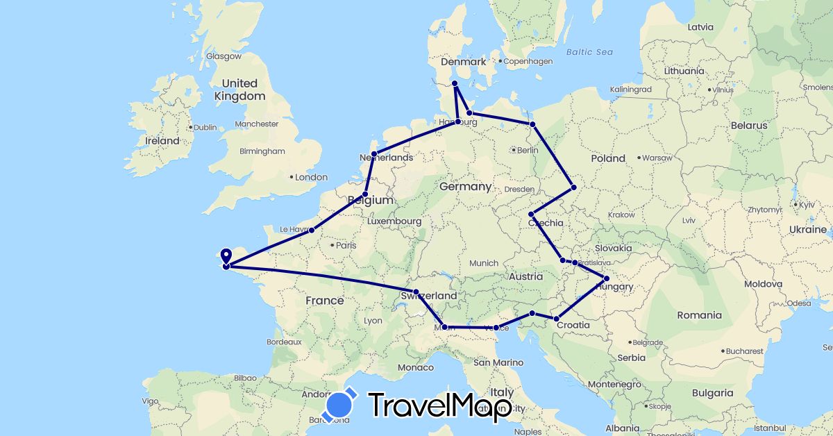 TravelMap itinerary: driving in Austria, Belgium, Switzerland, Czech Republic, Germany, Denmark, France, Croatia, Hungary, Italy, Netherlands, Poland, Slovenia, Slovakia (Europe)